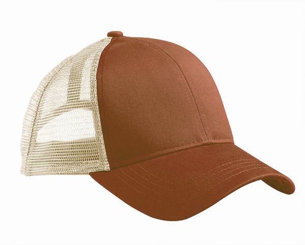 Am image of a Custom Econscious Eco Trucker Organic Recycled Hat in Leg Brown/Oyster!