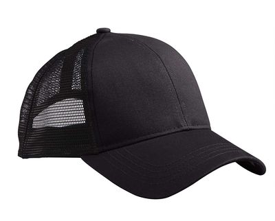 Am image of a Custom Econscious Eco Trucker Organic Recycled Hat in Black/Black!