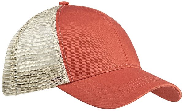 Am image of a Custom Econscious Eco Trucker Organic Recycled Hat in Orange Poppy/Oyster!