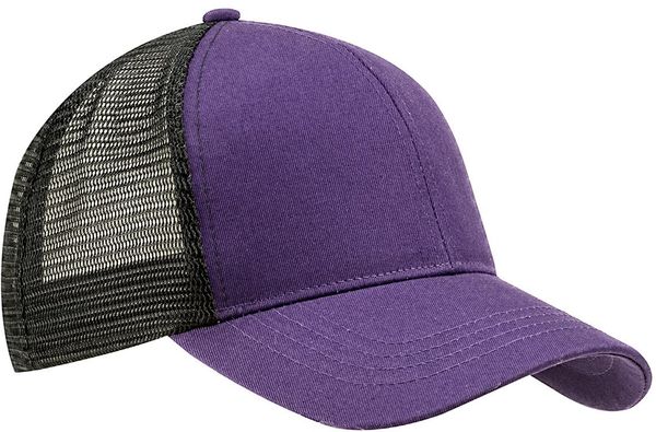 Am image of a Custom Econscious Eco Trucker Organic Recycled Hat in Beetroot/Black!