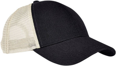 Am image of a Custom Econscious Unisex Hemp Eco Trucker Recycled Polyester Mesh Cap in Black/Oyster!