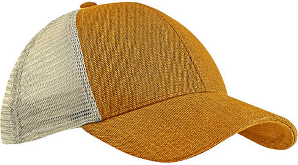 Am image of a Custom Econscious Unisex Hemp Eco Trucker Recycled Polyester Mesh Cap in Old Gold/Oyster!