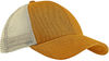 Am image of a Custom Econscious Unisex Hemp Eco Trucker Recycled Polyester Mesh Cap in Old Gold/Oyster!