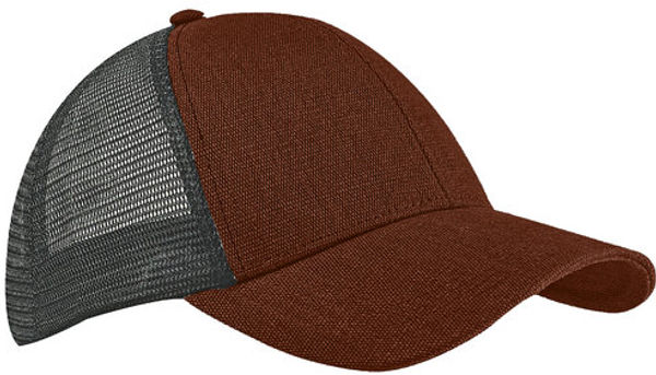 Am image of a Custom Econscious Unisex Hemp Eco Trucker Recycled Polyester Mesh Cap in Sienna/Black!