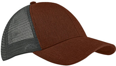 Am image of a Custom Econscious Unisex Hemp Eco Trucker Recycled Polyester Mesh Cap in Sienna/Black!