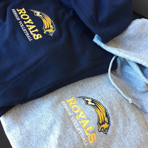 An embroidered design on hoodies for a senior volleyball team.