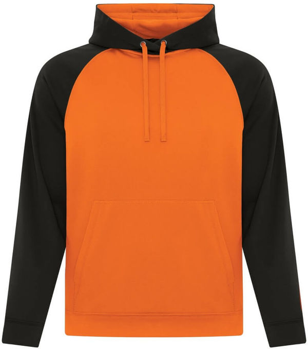 Am image of a Custom ATC Game Day Fleece Two Tone Hooded Sweatshirt in Deep Orange/Black!