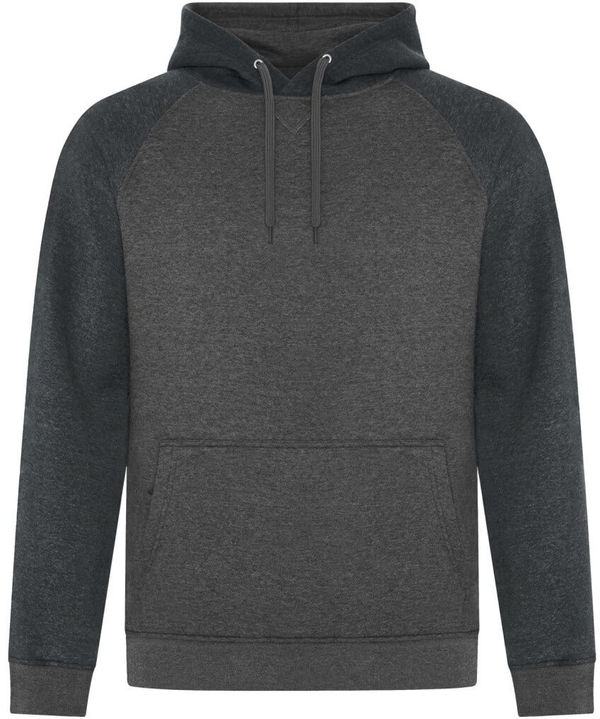 Am image of a Custom ATC Esactive Vintage Two Tone Hooded Sweatshirt in Black Heather/Charcoal Heather!