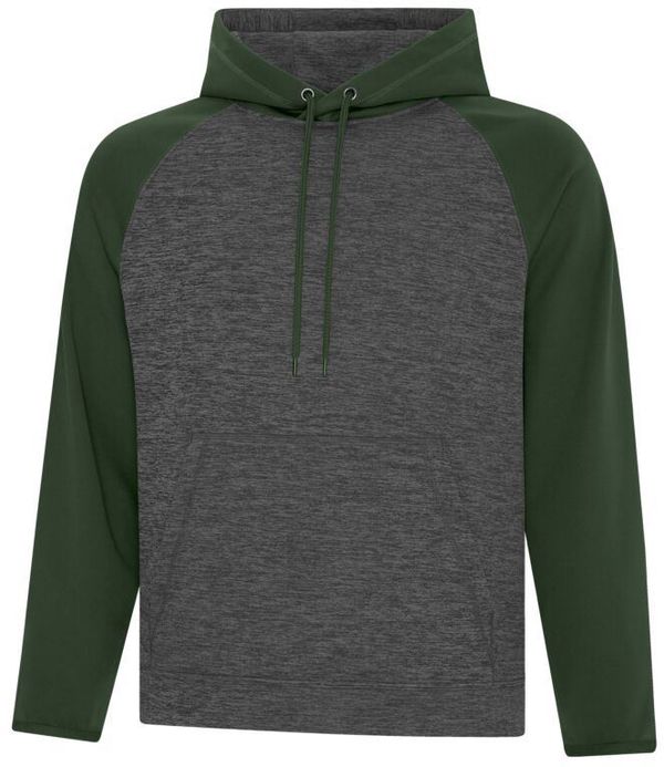 Am image of a Custom ATC Dynamic Heather Fleece Two Tone Hooded Sweatshirt in Charcoal Dynamic/Forest Green!