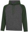 Am image of a Custom ATC Dynamic Heather Fleece Two Tone Hooded Sweatshirt in Charcoal Dynamic/Forest Green!