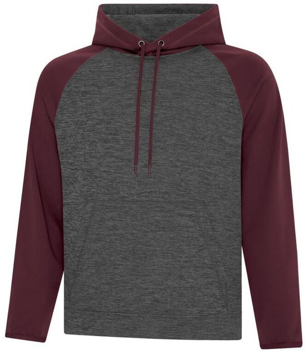 Am image of a Custom ATC Dynamic Heather Fleece Two Tone Hooded Sweatshirt in Charcoal Dynamic/Maroon!