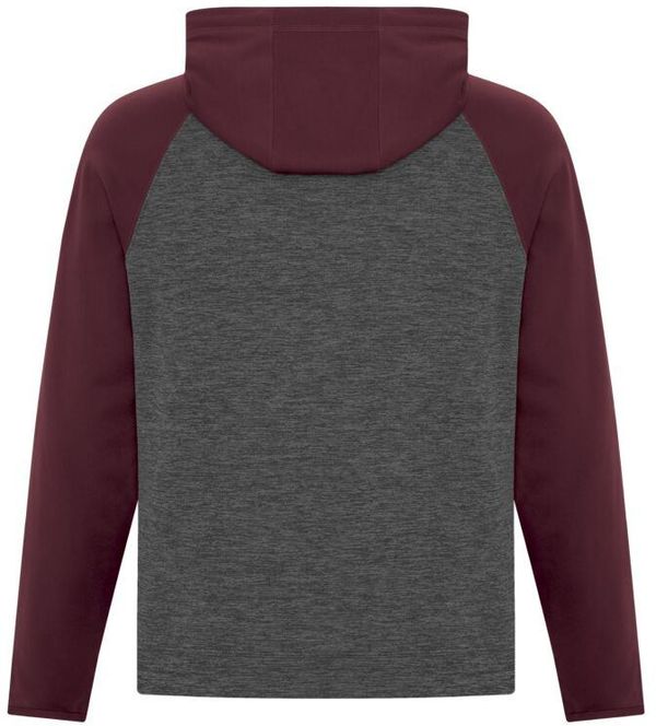 Am image of a Custom ATC Dynamic Heather Fleece Two Tone Hooded Sweatshirt in Charcoal Dynamic/Maroon!