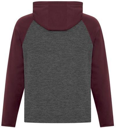 Am image of a Custom ATC Dynamic Heather Fleece Two Tone Hooded Sweatshirt in Charcoal Dynamic/Maroon!