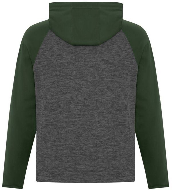 Am image of a Custom ATC Dynamic Heather Fleece Two Tone Hooded Sweatshirt in Charcoal Dynamic/Forest Green!