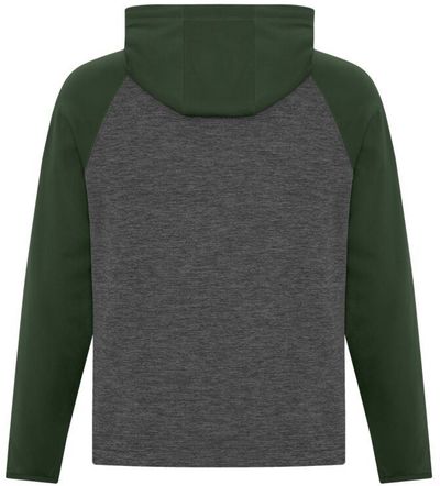 Am image of a Custom ATC Dynamic Heather Fleece Two Tone Hooded Sweatshirt in Charcoal Dynamic/Forest Green!