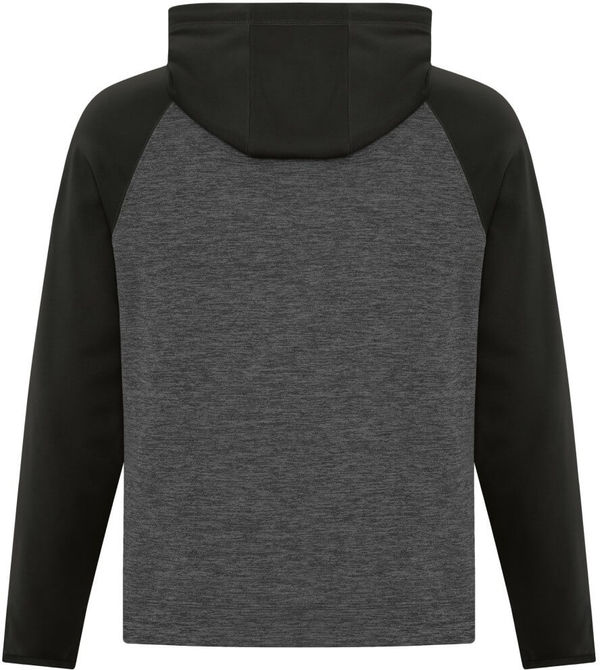 Am image of a Custom ATC Dynamic Heather Fleece Two Tone Hooded Sweatshirt in Charcoal Dynamic/Black!