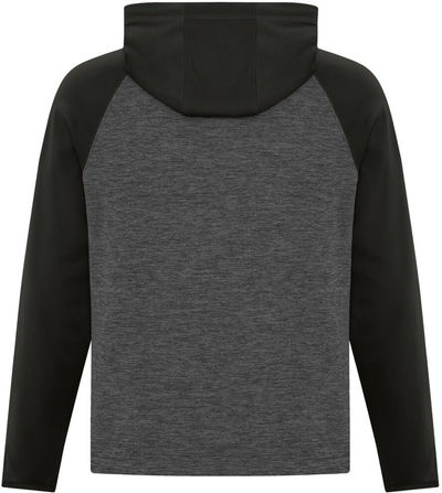 Am image of a Custom ATC Dynamic Heather Fleece Two Tone Hooded Sweatshirt in Charcoal Dynamic/Black!