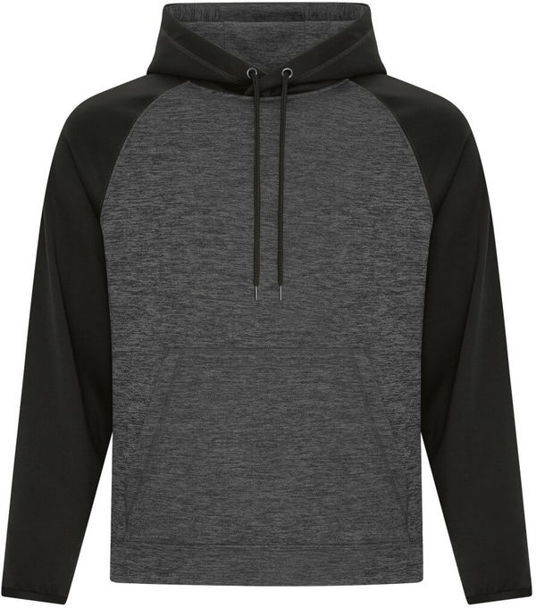 Am image of a Custom ATC Dynamic Heather Fleece Two Tone Hooded Sweatshirt in Charcoal Dynamic/Black!