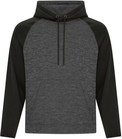 Am image of a Custom ATC Dynamic Heather Fleece Two Tone Hooded Sweatshirt in Charcoal Dynamic/Black!
