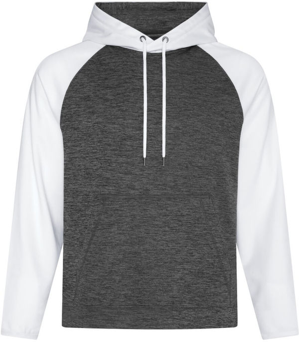 Am image of a Custom ATC Dynamic Heather Fleece Two Tone Hooded Sweatshirt in Charcoal Dynamic/White!