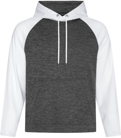 Am image of a Custom ATC Dynamic Heather Fleece Two Tone Hooded Sweatshirt in Charcoal Dynamic/White!