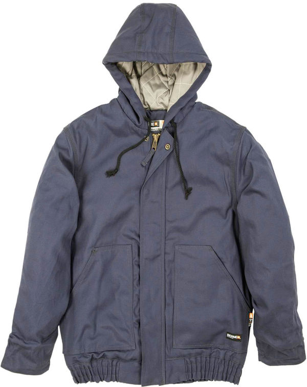 Am image of a Custom Berne Mens Flame Resistant Hooded Jacket in Navy!