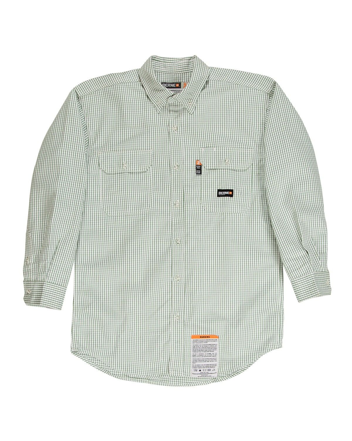 Berne Mens Flame Resistant Down Plaid Work Shirt in Green