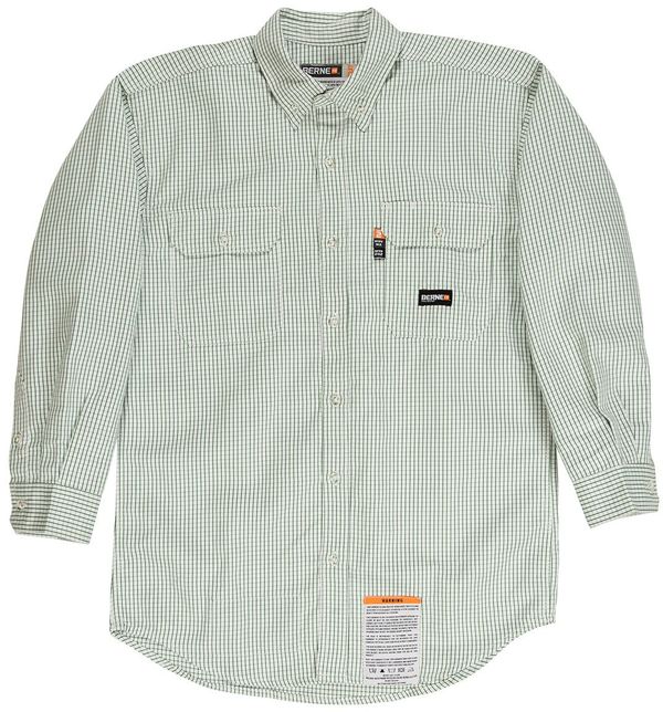 Am image of a Custom Berne Mens Flame Resistant Down Plaid Work Shirt in Green!