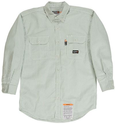 Am image of a Custom Berne Mens Flame Resistant Down Plaid Work Shirt in Green!