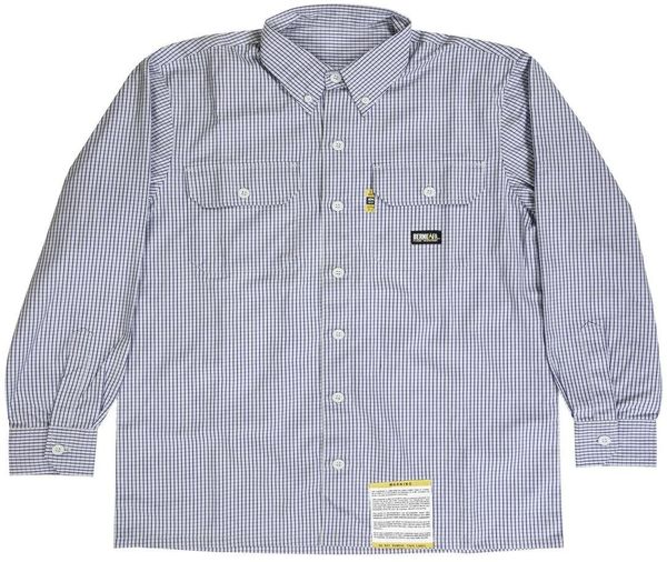 Am image of a Custom Berne Mens Flame Resistant Down Plaid Work Shirt in Navy!