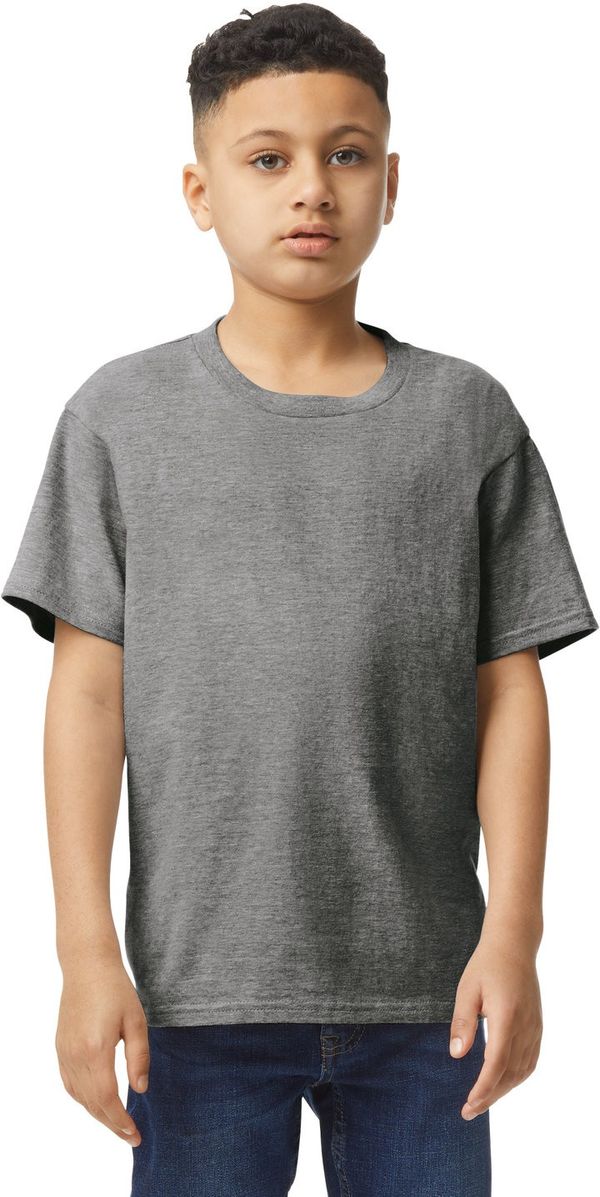 Am image of a Custom Gildan Youth Softstyle T Shirt in GRAPHITE HEATHER!