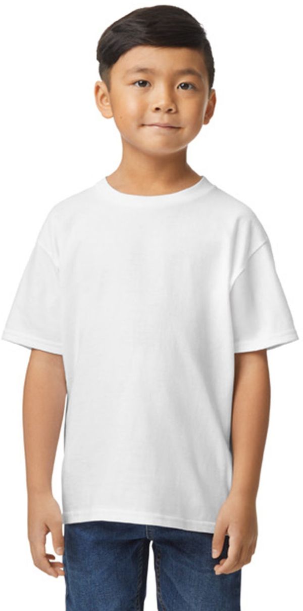 Am image of a Custom Gildan Youth Softstyle Midweight T Shirt in WHITE!