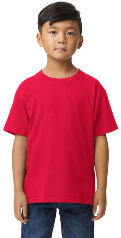 Am image of a Custom Gildan Youth Softstyle Midweight T Shirt in RED!
