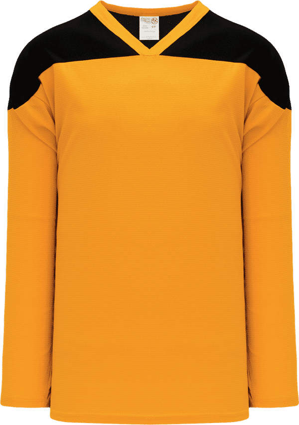 Am image of a Custom Athletic Knit League Series Hockey Jersey in Gold/Black!