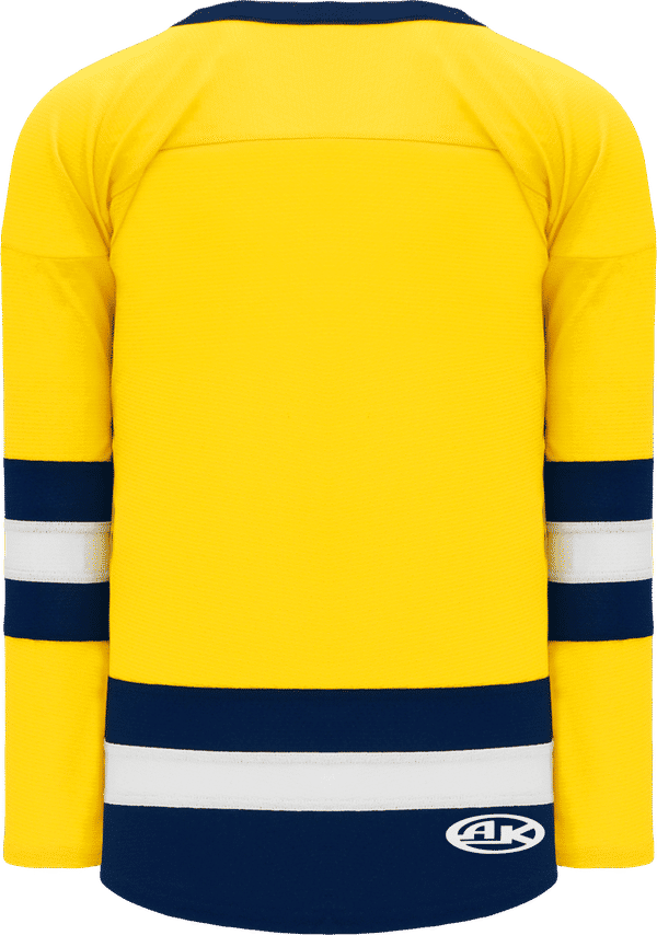 Am image of a Custom Athletic Knit League Series Mid Hockey Jersey in Maize/Navy/White!
