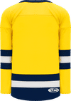 Am image of a Custom Athletic Knit League Series Mid Hockey Jersey in Maize/Navy/White!