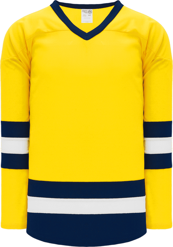 Am image of a Custom Athletic Knit League Series Mid Hockey Jersey in Maize/Navy/White!