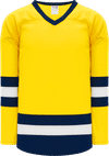 Am image of a Custom Athletic Knit League Series Mid Hockey Jersey in Maize/Navy/White!