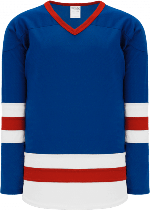 Am image of a Custom Athletic Knit League Series Mid Hockey Jersey in Royal/White/Red!