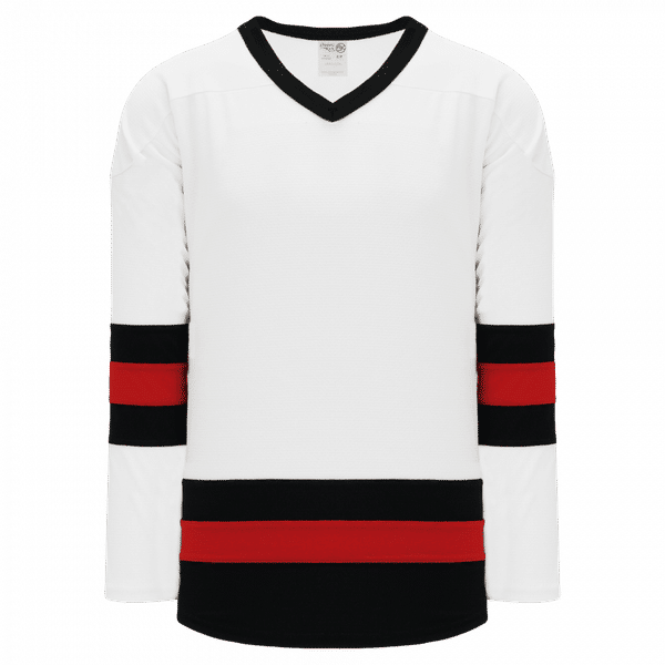 Am image of a Custom Athletic Knit Youth League Series Mid Hockey Jersey in White/Black/Red!