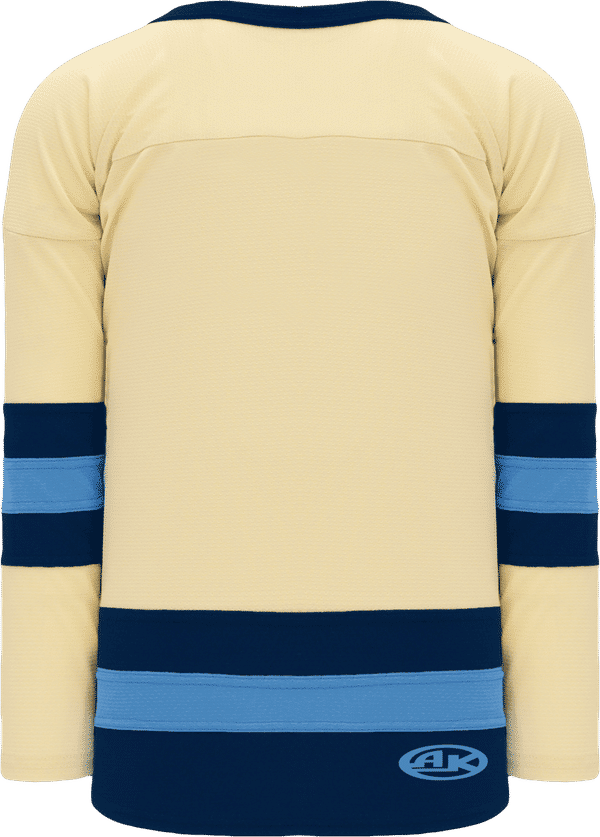 An image of a Custom Athletic Knit League Series Mid Hockey Jersey in Sand/Navy/Sky!