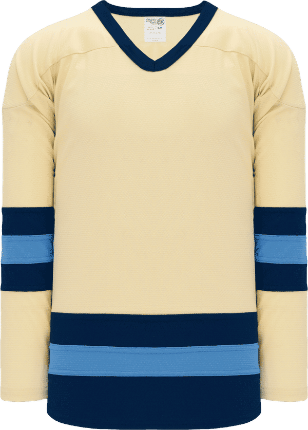 An image of a Custom Athletic Knit League Series Mid Hockey Jersey in Sand/Navy/Sky!