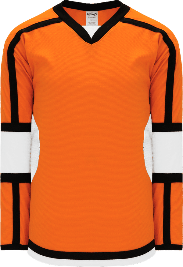 Am image of a Custom Athletic Knit Select Series Hockey Jersey in Orange/White/Black!