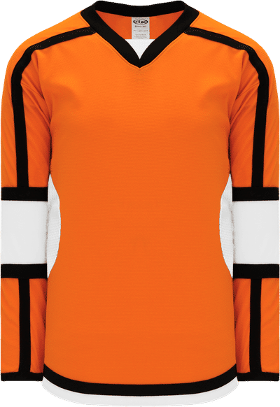 Am image of a Custom Athletic Knit Select Series Hockey Jersey in Orange/White/Black!