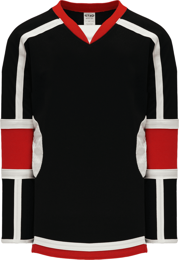 Am image of a Custom Athletic Knit Select Series Hockey Jersey in Black/White/Red!