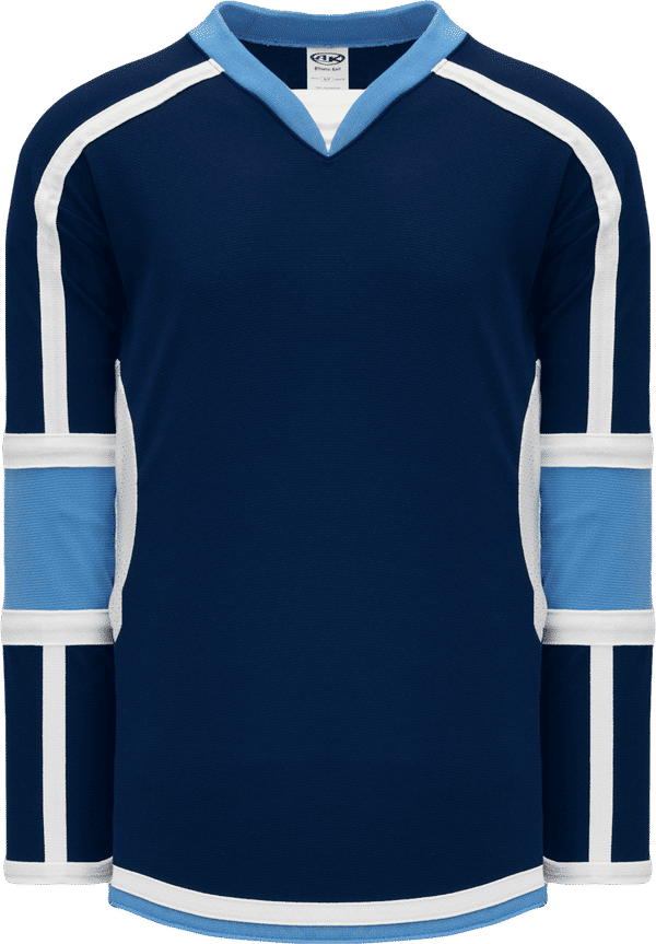 Am image of a Custom Athletic Knit Select Series Hockey Jersey in Navy/White/Sky!