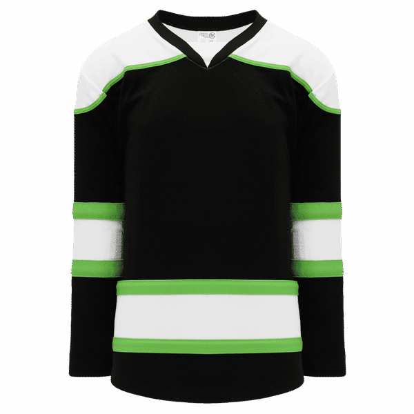 Am image of a Custom Athletic Knit Youth Select Series Mid Hockey Jersey in Black/White/Lime Green!
