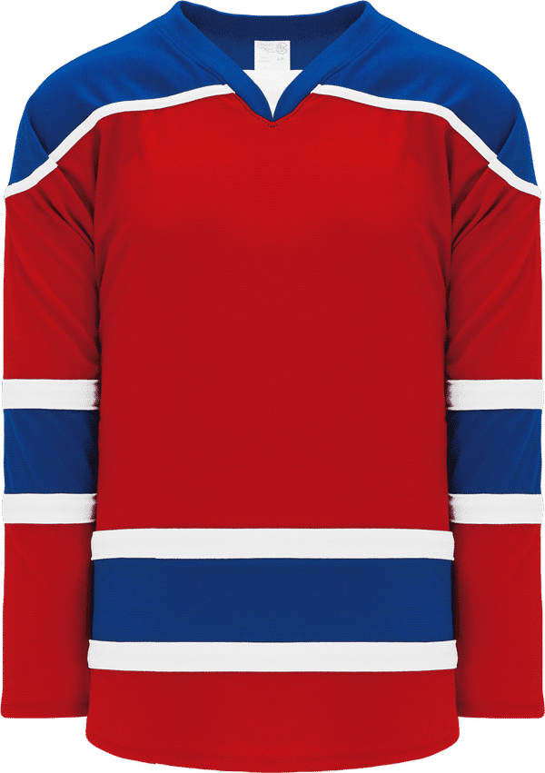 Am image of a Custom Athletic Knit Select Series Mid Hockey Jersey in Red/Royal/White!