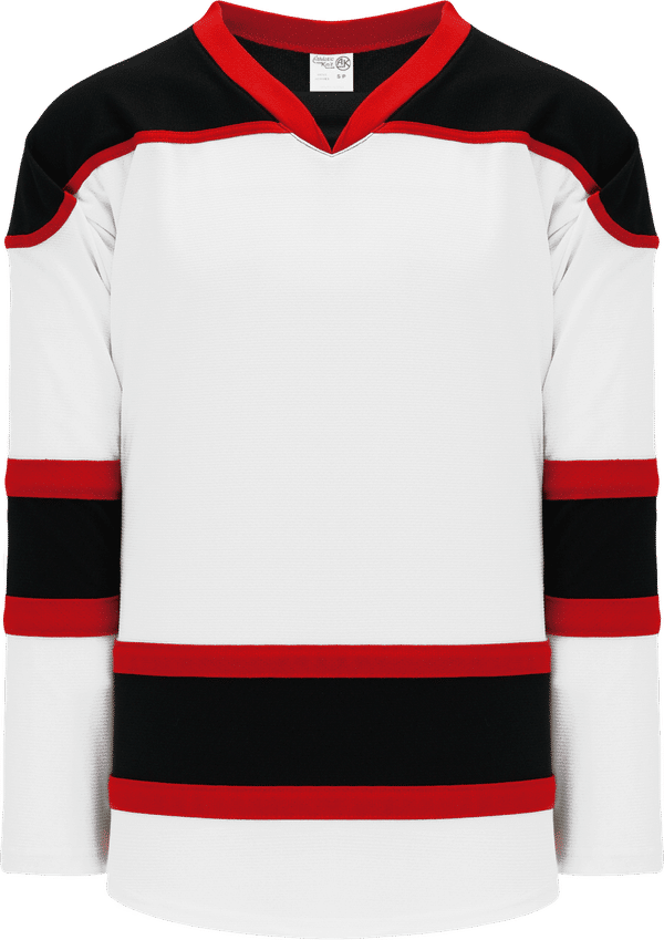Am image of a Custom Athletic Knit Select Series Mid Hockey Jersey in White/Black/Red!