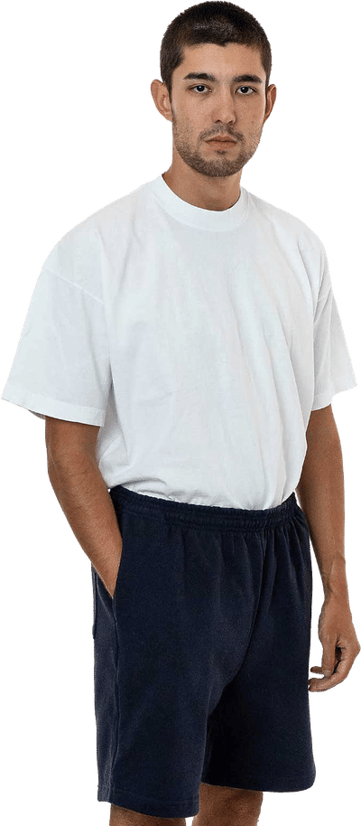 Am image of a Custom LA Apparel Heavy Fleece Mid Short in Navy!